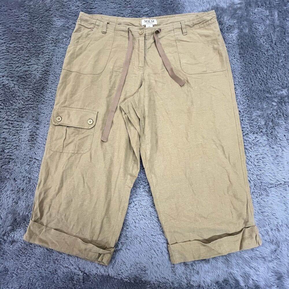 MKM Designs Capri Pants Juniors 15 (34x19.5) Brown Linen Blend Flap Pockets